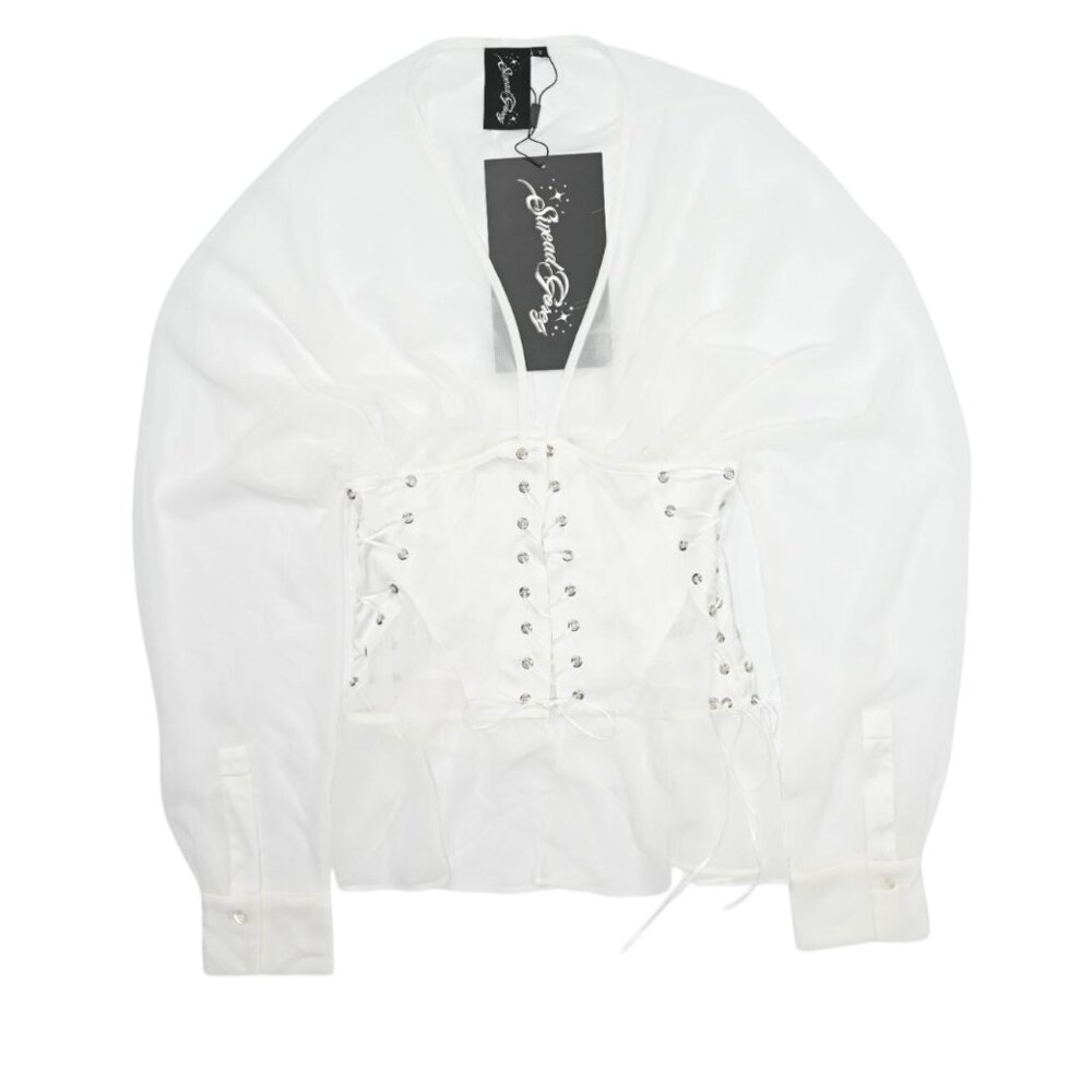 Sinead Gorey Chiffon Corset-Tie Batwing Mini Dress in White
